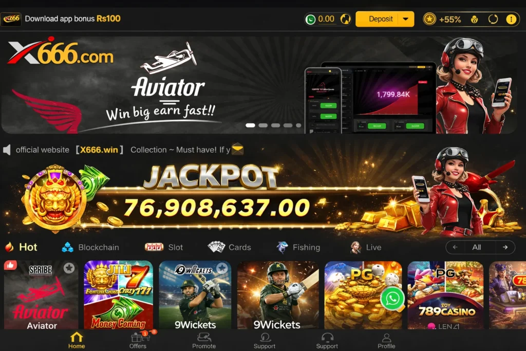 X666 online casino app interface showing Aviator game, jackpot rewards, slots, cards, fishing, and live casino games for Pakistani players
