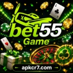 Bet55 Game official logo with roulette wheel, playing cards, casino chips and gold coins at apkcr7.com — best online casino game in Pakistan