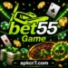 Bet55 Game official logo with roulette wheel, playing cards, casino chips and gold coins at apkcr7.com — best online casino game in Pakistan