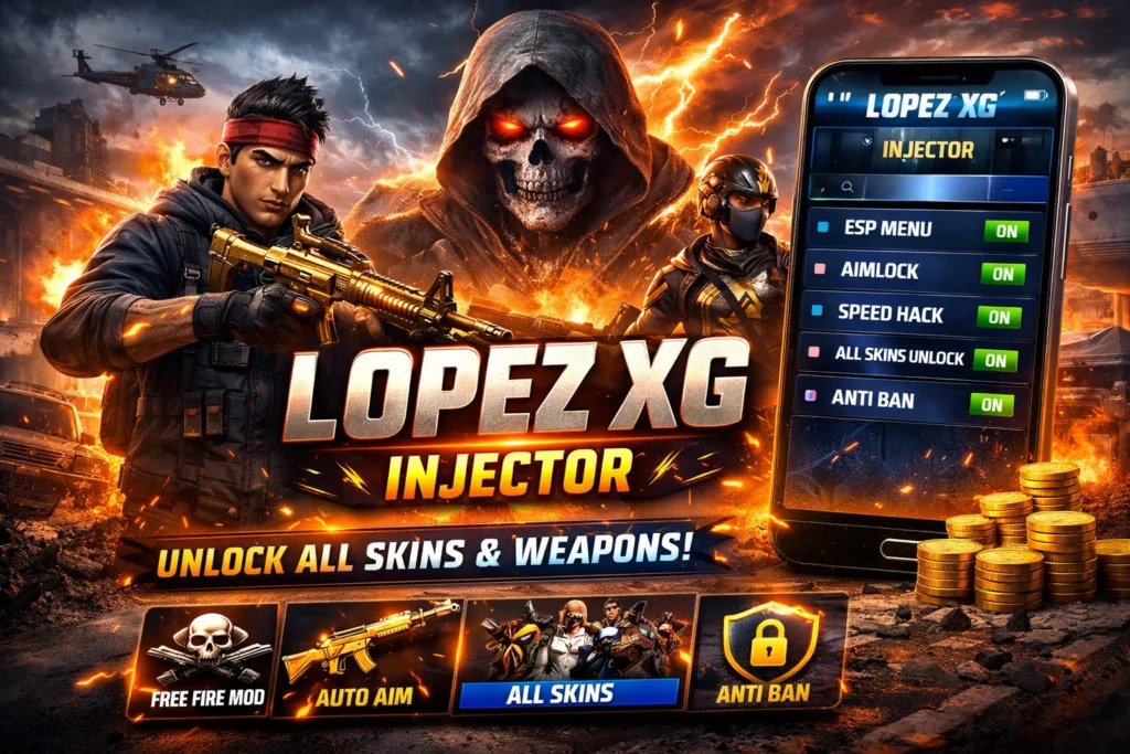 Lopez XG Panel APK Download 2026 (Latest Version) – Free Fire Mod Tool 2 Panel Lopez XG Injector APK interface showing Free Fire mod features like aimlock, ESP, speed hack, and all skins unlock