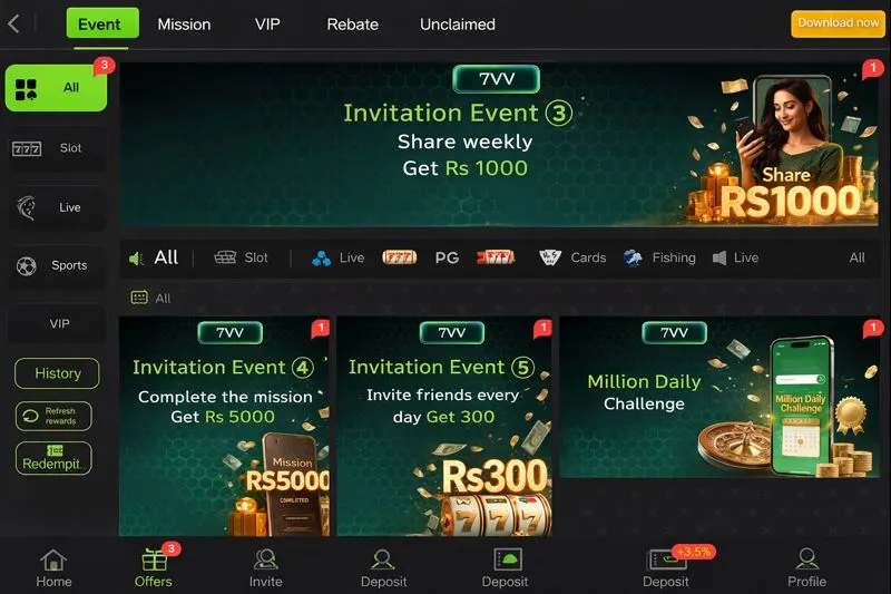 Landscape screenshot of the 7vv.bet events page showing invitation rewards, missions, and daily challenge promotions with bonus amounts.