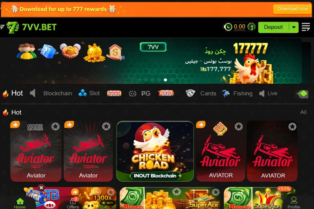 Homepage screenshot of the 7vv.bet online casino showing promotions, game categories, and featured games.