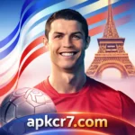 Promotional landscape image for Ronaldo: Kick'n'Run game showing Cristiano Ronaldo running down a cobblestone city street with a soccer ball. Enhanced visuals include glowing effects on the ball, sparks from his kicks, coins floating along the path, and power-up icons at the bottom. An inset gameplay screen shows Ronaldo aiming and scoring a goal, with vibrant explosions, dynamic lighting, and motion blur effects to create an exciting mobile gaming atmosphere.