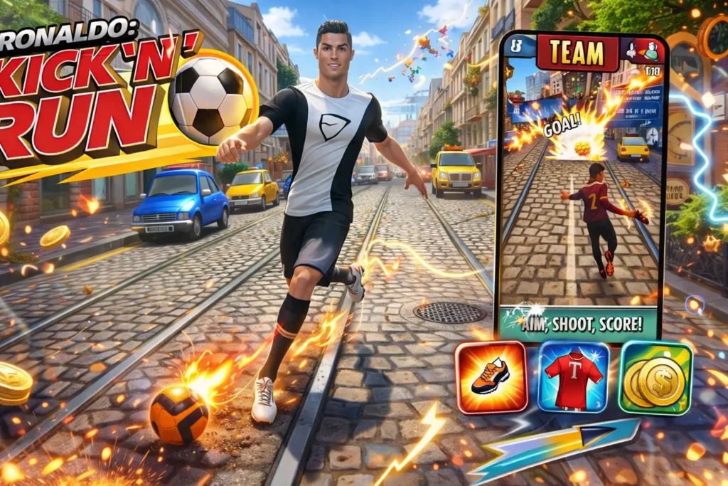 KetrifouCR7 Game APK 2 Screenshot of KetrifouCR7 gameplay: Cristiano Ronaldo dodging obstacles while collecting coins.