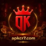 Premium OK222 game feature image with a glowing red crown logo, casino-style gold effects, poker chips, coins, and dark luxury background featuring apkcr7.com branding.