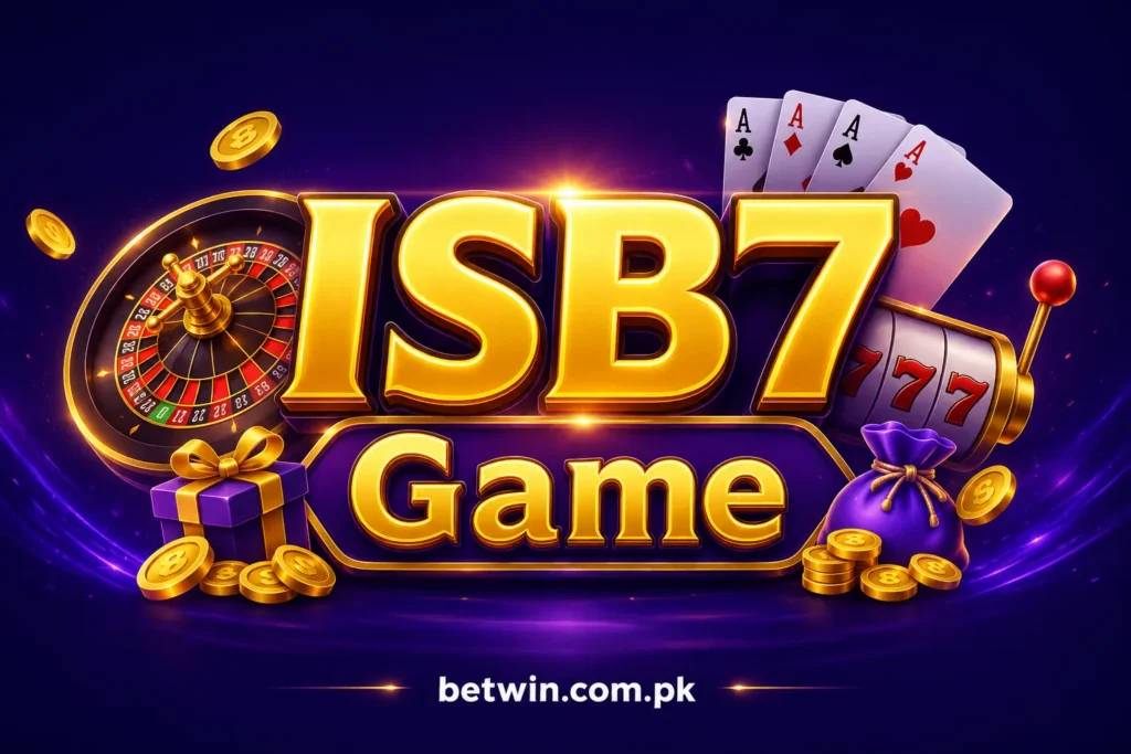 ISB7 Game feature image showing premium casino-style graphics, glowing logo, slot gaming elements, gold coins, rewards, and betting visuals in a luxury dark-themed design.
