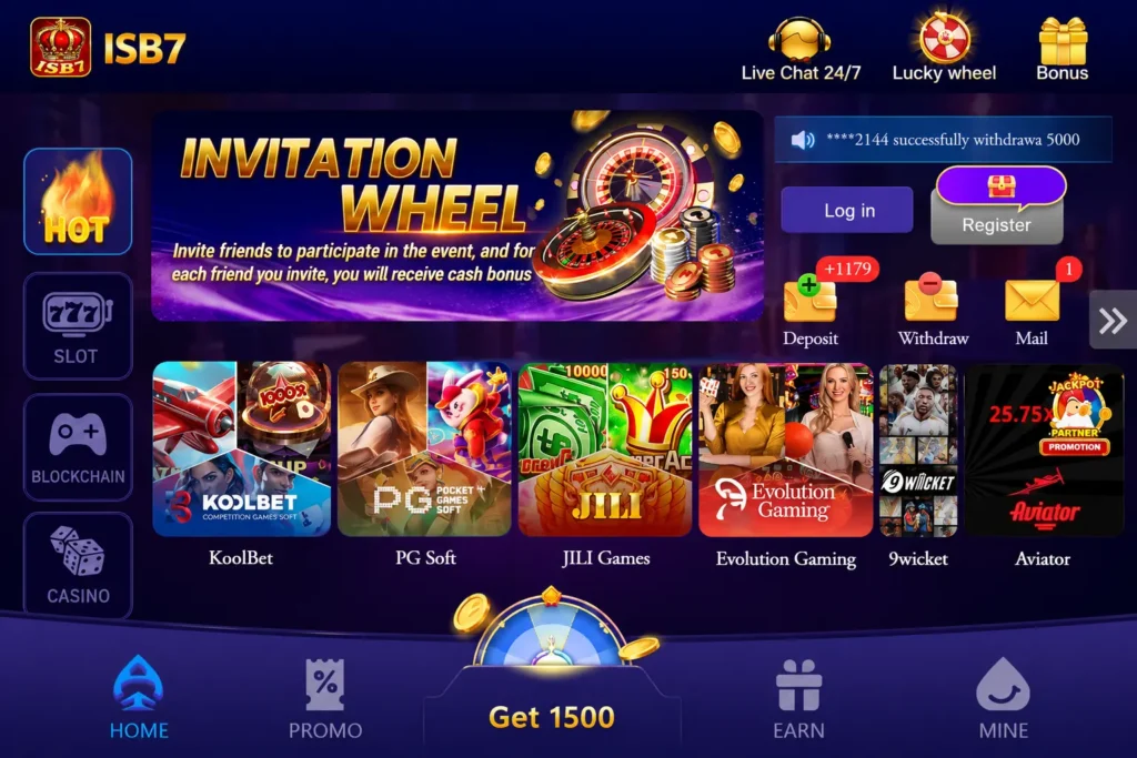 ISB7 Game home interface featuring casino games, slot machines, betting options, rewards, and bonus sections in a premium red and gold gaming layout.