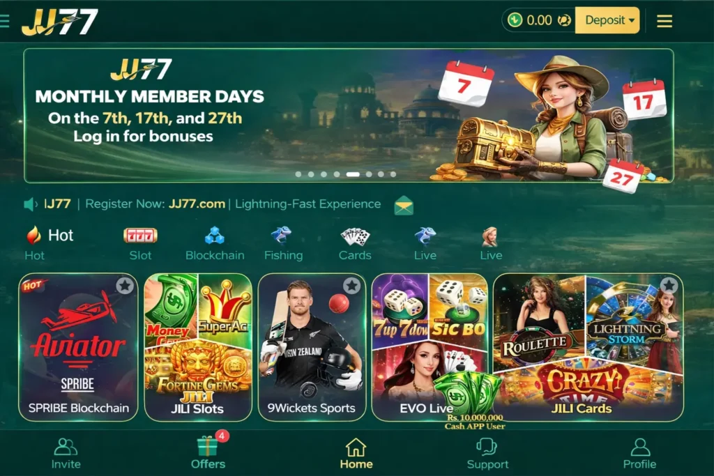 JJ77 Game mobile app dashboard showing casino games, slots, live cards, instant deposit option, and Monthly Member Days bonus banner.