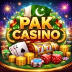 Pak Casino feature image showing a colorful casino-style design with playing cards, poker chips, dice, slot machine symbols, and a Pakistani flag theme.