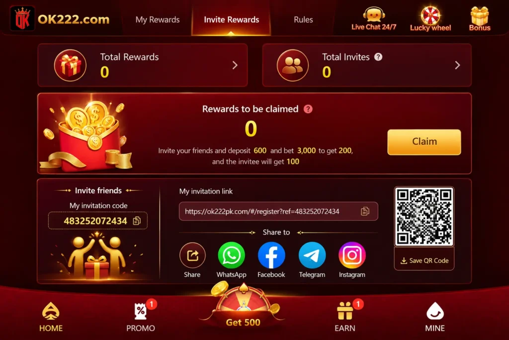 Landscape-style OK222 invite rewards interface showing referral bonuses, QR code sharing, invitation link, rewards dashboard, and social media sharing options in a premium red and gold casino theme.