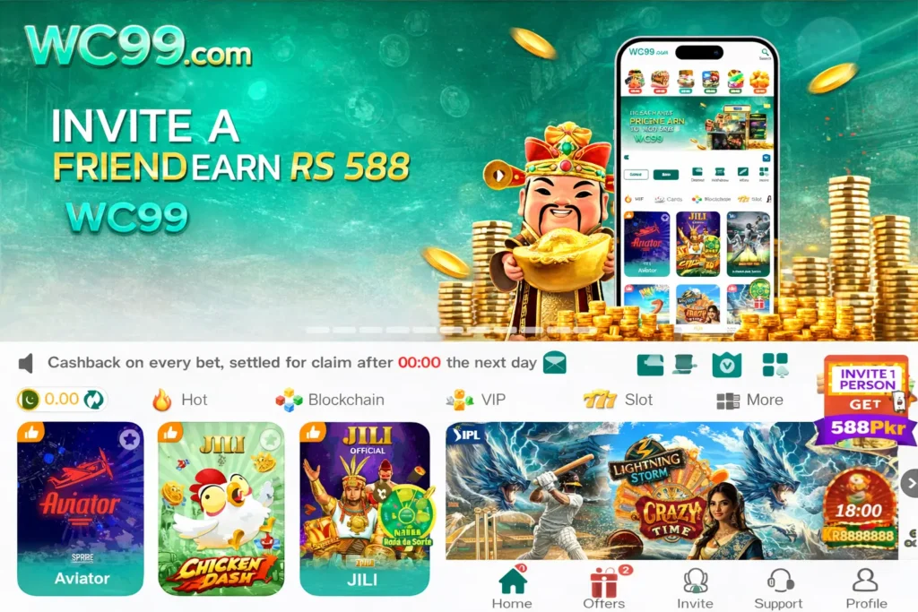 WC99 online gaming platform banner featuring invite a friend offer, Rs 588 bonus, mobile app preview, and popular casino games.