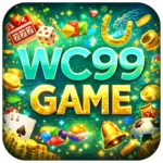 WC99 Game feature image with casino and slot symbols, showing WC99 text and GAME title in gold and green graphics.