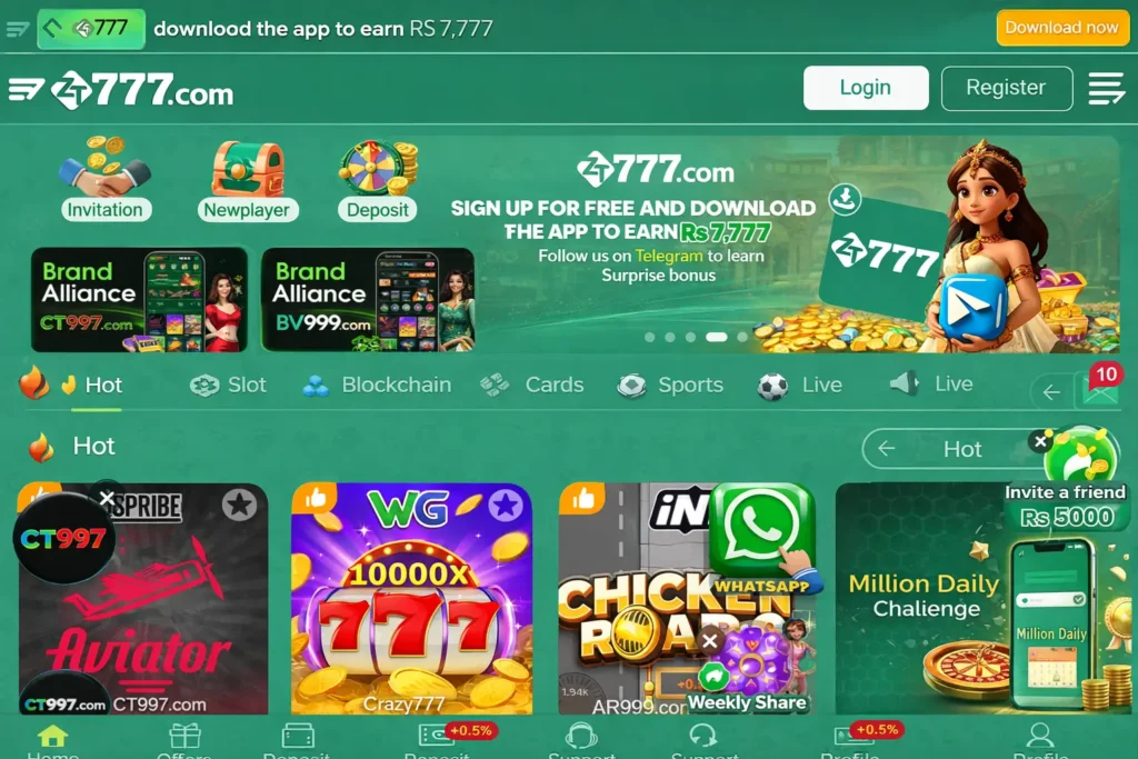 ZT777 Game: Pakistan's Top Online Entertainment Platform – Simple, Rewarding, and Secure 1 Landscape screenshot of the zt777 online gaming platform promoting app download rewards, showing login and register buttons, game categories, and featured casino games.