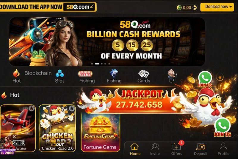 58Q Game Pakistan Android app interface showing casino games, jackpot rewards, deposit button, and live earning features