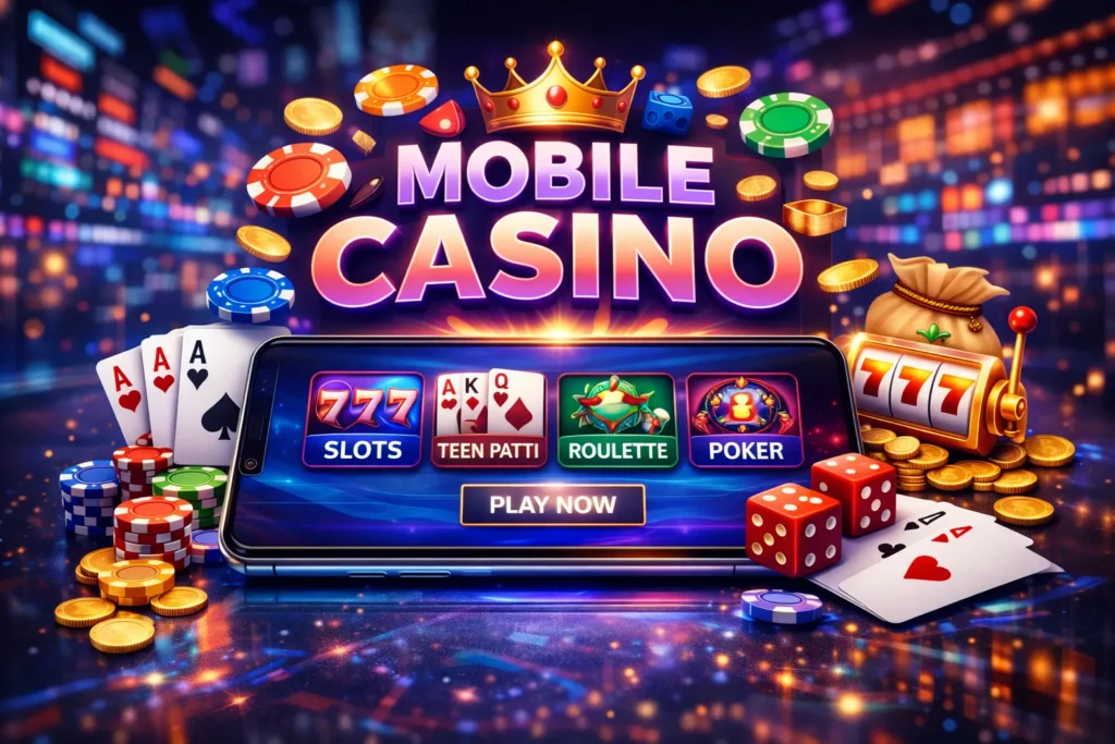 Mobile casino gaming app interface displayed on smartphone with slots, Teen Patti, roulette and poker – modern mobile casino platform for global casino app players