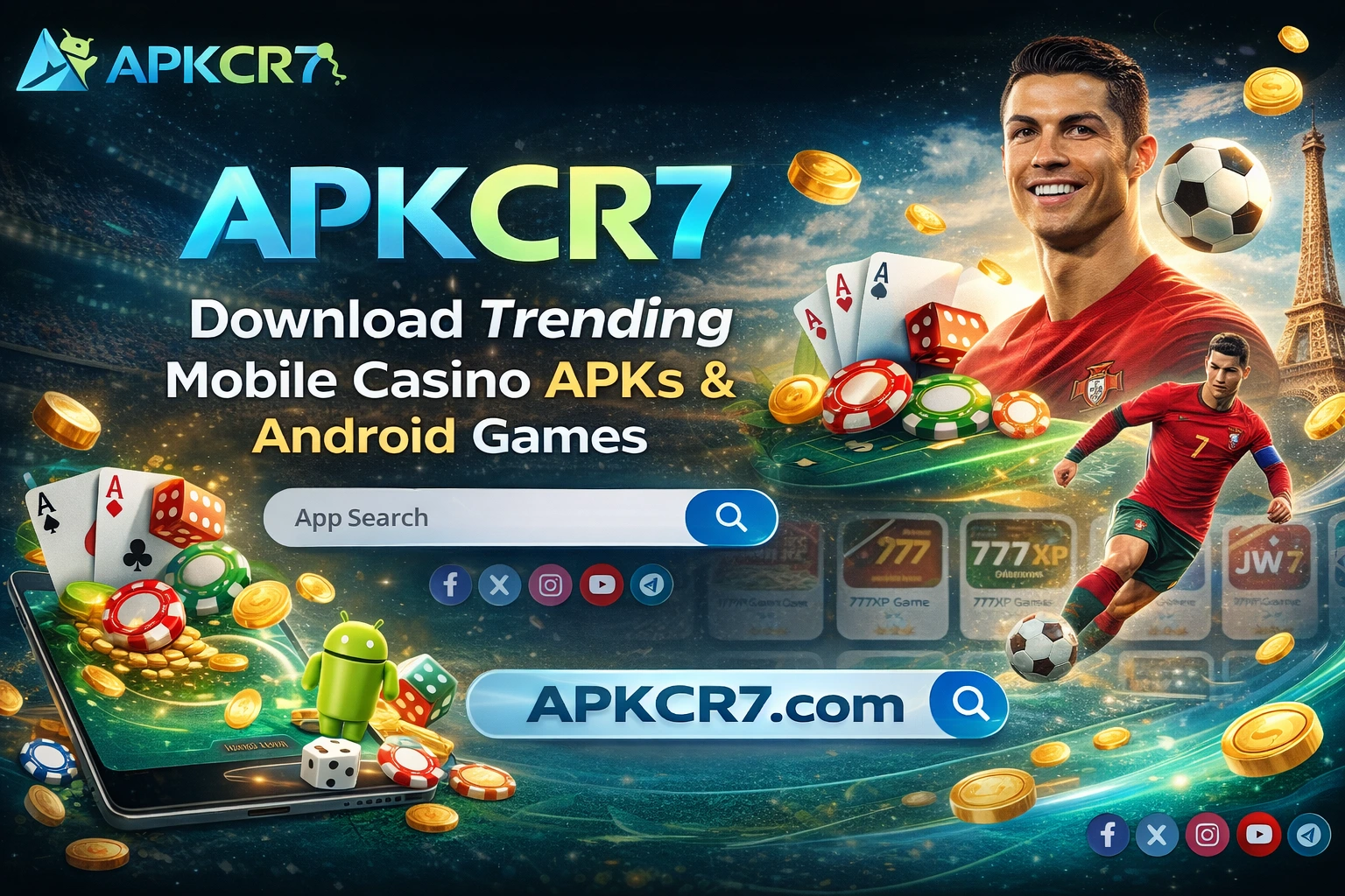 APK CR7 cover image showing trending mobile casino APKs and Android games platform with APKCR7 branding