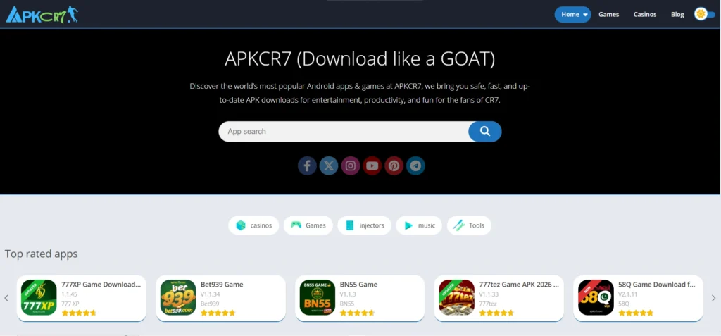 APK CR7 homepage interface showing mobile casino APKs, Android games, and app categories