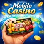 Smartphone displaying colorful casino-style game icons including slot reels, cards, roulette wheel, dice, and gold coins with “Mobile Casino” text over a global background.