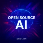 Glowing blue AI brain with circuit board patterns representing open source AI technology and large language models